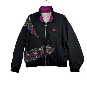 Vintage Reebok Windbreaker Jacket Black & Purple Abstract Size‎ S 80s 90s Retro
